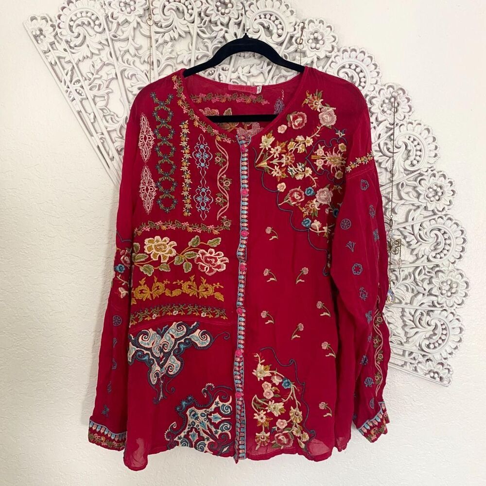 Red Johnny Was Endora blouse with colorful floral and geometric embroidery 1X